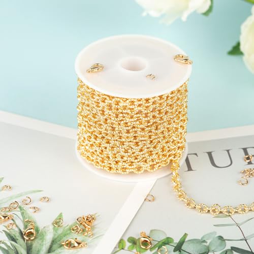 YOUBEIYEE 4 Meters 18K Gold Plated Chains for Jewelry Making Embossed Rolo Chain Light Gold Plated Brass Jewelry Chains with Jump Rings and Lobster Clasps - color: Embossed Rolo