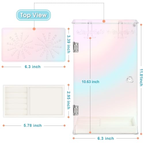 Cirhy Iridescent Acrylic Necklace Holder, Necklace Organizer with 24 Rotatable Hooks, Rainbow Jewelry Organizer Display Box with Velvet Tray for Long Necklaces Pendant Bracelets Rings Earrings