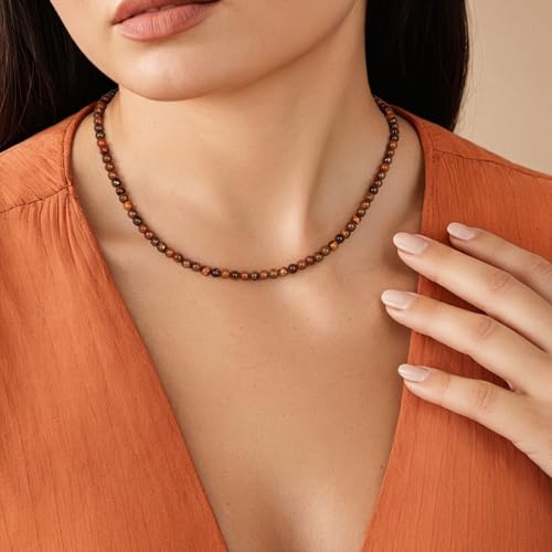 Crystal Choker Necklaces for Women,4mm Handmade Natural Stone Choker Beaded Necklace Healing Crystal Necklace Gemstone Bead Necklaces for Women - color: Tiger Eye