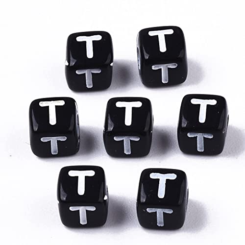 FASHEWELRY 500Pcs Acrylic Cube Letter Beads 5x5x5mm Black Square Letter T Alphabet Beads for DIY Bracelet Necklace Jewelry Making - color: Letter T