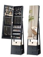 Nicetree Mirror Jewelry Cabinet Standing, Lockable Jewelry Cabinet Armoire with 2 Drawers, Full Length Mirror with Jewelry Storage, Christmas Gifts, Black - color: Black