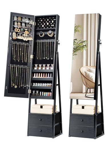 Nicetree Mirror Jewelry Cabinet Standing, Lockable Jewelry Cabinet Armoire with 2 Drawers, Full Length Mirror with Jewelry Storage, Christmas Gifts, Black - color: Black