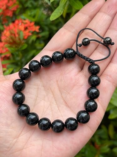 GAF TREASURES Grade A ++ Gemstone Round Bead Adjustable Bracelet 10mm, Genuine Crystal Bead Bracelet, Gift for Men & Women - color: Jet