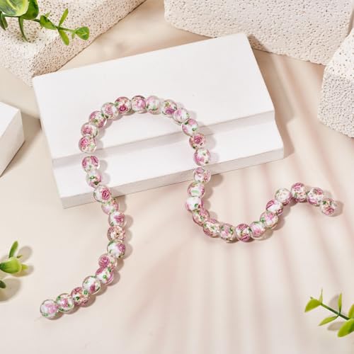 Elecrelive 40Pcs 10mm Flower Glass Beads Gold Sand Lampwork Beads White Floral Round Crystal for DIY Bracelet Necklace Earring Jewelry Making - color: Clear