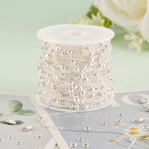 KYUNHOO 32.8 Feet Beaded Chain for Jewelry Making Thin Cable Chains Bulk Silver Jewelry Supplies for Women Men DIY Handcrafts with Lobster Clasps Jump Rings - color: Bead Silver