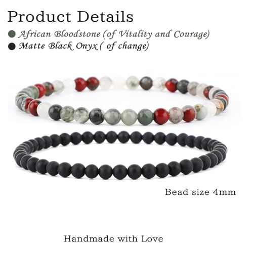 NCB 2.3-Piece 4mm Natural Crystal Gemstone Stretch Bracelets – Handmade Reiki Energy Healing Jewelry for Meditation,Yoga, Unisex - color: 2PCS ( African Bloodstone+Matte Black Agate ), size: 4mm