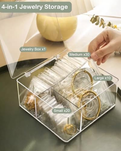 2 Pack 4 In 1 Acrylic Jewelry Organizers and Storage with 120 Portable Anti Tarnish Jewelry Bags, Clear Jewelry Box Organizer, Travel Jewelry Case for Earrings/Rings/Necklaces for Women Girls - style: 4-in-1 Jewelry Box-2 Pack