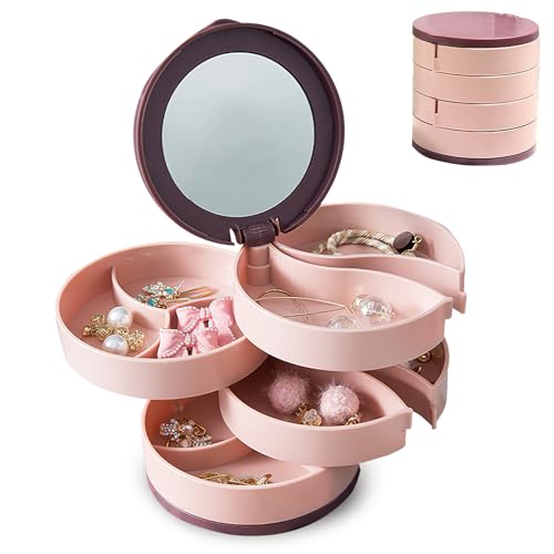 Rotating Jewelry Organizer Box with Mirror – Large Capacity Multi-Layer Storage, 360° Rotation, Protective Cover, Compact with Non-Slip Base (Pink) - color: Pink