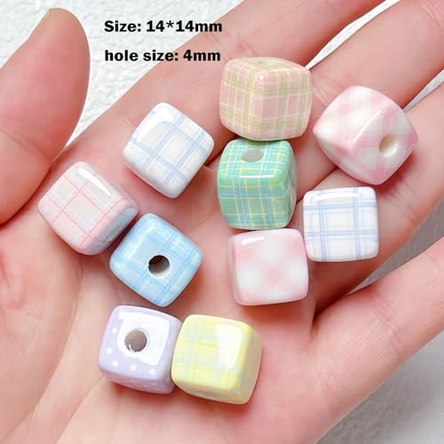 20PCS Large Acrylic Square Beads for Pens, 14MM Cream Grid Polka Dot Cube Beads for Keychain Jewelry Bracelet Making Focal Bead for Pen Making Crafts DIY Projects - color: Cream Square Bead