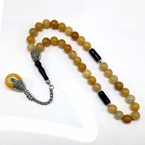 Simple Designed Natural Stone Worry Beads - Prayer Beads Tesbih-Tasbih-Tasbeeh-Misbaha-Subha-Sebha-Sibha-Rosary (Yellow Jade Natural Stone -8 mm 33- Beads/Drop Tassel) - color: Yellow Jade Natural Stone -8 mm 33- Beads / Drop Tassel