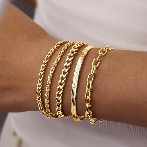 Gold Bracelets Set for Women Stack, Chunky Thick Bracelets Stack for Women Trendy, Simple Dainty Thin Gold Plated Cuff Stackable Bracelets With Beaded Cuban Paperclip Snake Rope Bangle Hand Chain Jewelry - style: Style 10-gold