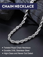 Bandmax Solid 1.5mm/2mm/3mm/6mm Rope Chains for Men Women 14K Gold Plated/Black Plated Stainless Steel Twist Chain 16-30 Inches, with Gift Box - color: 10 6MM Steel