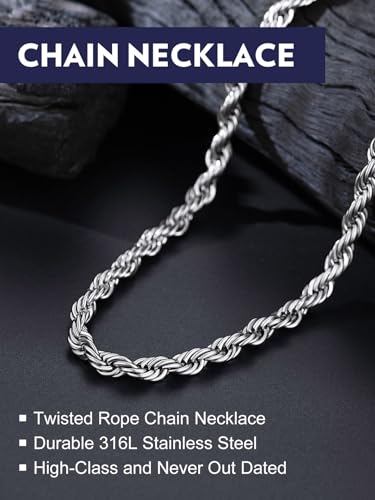 Bandmax Solid 1.5mm/2mm/3mm/6mm Rope Chains for Men Women 14K Gold Plated/Black Plated Stainless Steel Twist Chain 16-30 Inches, with Gift Box - color: 10 6MM Steel