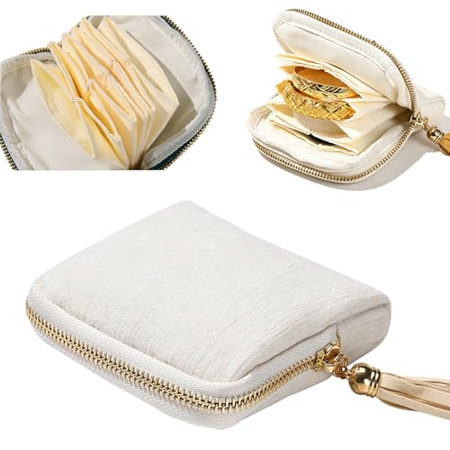 Travel Jewelry Organizer Bag Small Jewelry Holder Case with Tassel Zipper for Vacation Business Trip, Velvet Necklace Earrings Bangles Storage Box for Women Girls - color: Off-white