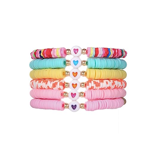 COLORFUL BLING 5-12Pcs Bohemian Love Heart Bead Bracelets for Women Vinyl Disc Heishi Surfer Stackable Stretch Bracelet Summer Beach Boho Jewelry - color: 6pcs mix