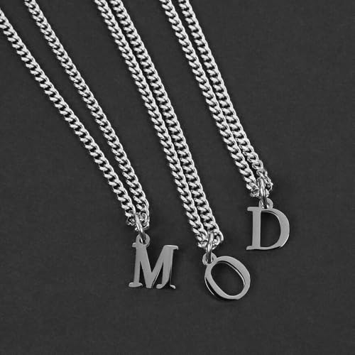 Men’s Minimal Initial Necklace, Stainless Steel Gold Silver Tone 26 Letters Pendant Necklace for Men Women 3.5mm Cuban Chain Waterproof - style: T