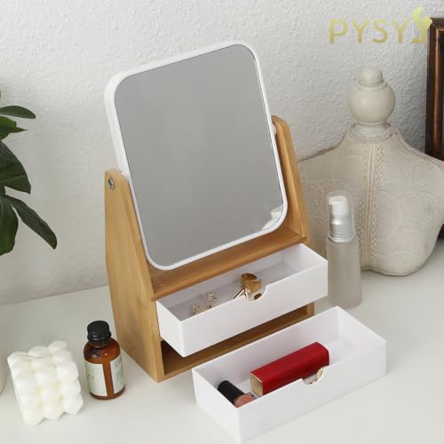 1x / 5X Magnifying Makeup Mirror, Jewelry and Cosmetics Storage Box with Double Drawers, Adjustable Natural Bamboo Stand, 360° rotatable Vertical Desktop Mirror (1, Rectangle)