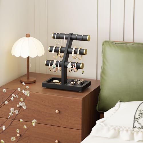 SRIWATANA 1 Bracelet Holder, Jewelry Display Stand Birthday Mother's Day Christmas Wood Solid Wood Classic Design Non-Slip Pad Metal End Cap Keeps Jewelry Secure T-Bar Organizer for Bracelets - Black - color: Black