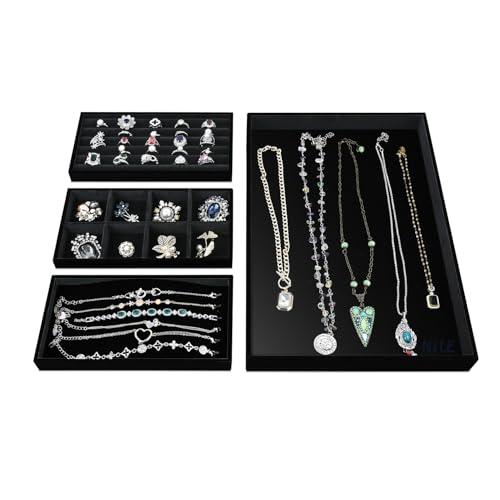 MOOCA Jewelry Display Set, Necklace Display Bust, Earring Organizer, Ring Holder Stand for Showcase and Store, Premium Fabric - color: 9a) 3 piece.Black Velvet Tray