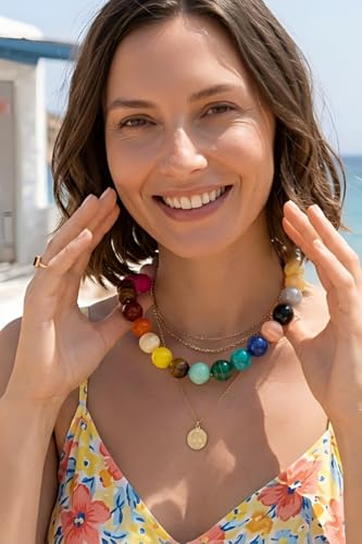 Colorful Beaded Necklace for Women, Stainless Steel Adjustable Chunky Acrylic Ball Necklace, Non Tarnish Vibrant Statement Jewelry, Summer Gift for Her