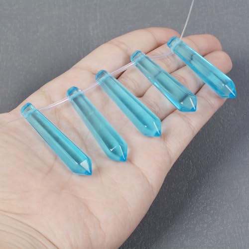 50mm Synthetic Blue Glass Hexagonal Wand Jewelry Making Crystal Pointed Chakra Reiki Healing Beads 2mm Hole Drilled(Pack of 5) - color: Synthetic Blue Glass