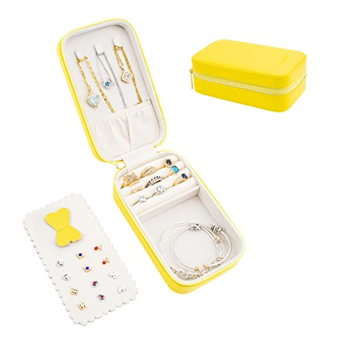 BONNY DODO Small Travel Jewelry Organizers Box for women with PU Leather Portable Mini Jewelry Case with compartments for Necklace Rings Earrings,Luxury Giftable boxes. (Yellow, M) - color: Yellow, size: M