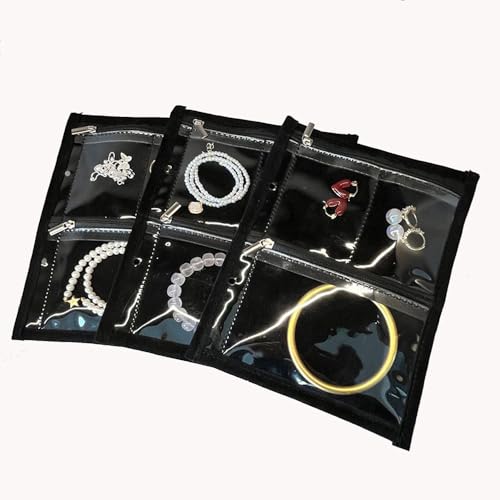 GSXRB Travel Jewelry Organizer Case with Clear Zipper Pouches,3pcs Velvet Jewelry Storage Book Binder, Multi-Layer Inner Pages for Earrings/Rings/Necklace/Bracelet, Compact & Waterproof(Black lining) - color: Black lining