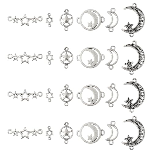 Pandahall 36Pcs Star Connector Charms Pentagram Crescent Moon Links Charm Alloy Tibetan Style Celestial Link Pendants 6 Styles for Jewelry Necklace Bracelet Earrings Craft