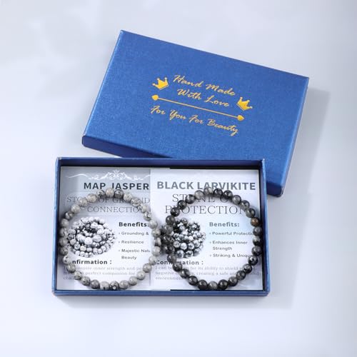 NCB 2.3-Piece 4mm Natural Crystal Gemstone Stretch Bracelets – Handmade Reiki Energy Healing Jewelry for Meditation,Yoga, Unisex - color: 2PCS ( Black Larvikite+Map Jasper ), size: 6mm