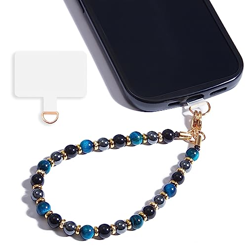 Marble Beaded Phone Wrist Strap,Detachable Phone Bracelet Strap with Tether Tab,Hands-Free Wristlet Strap (Blue Tiger’s Eye) - color: Blue Tiger’s Eye