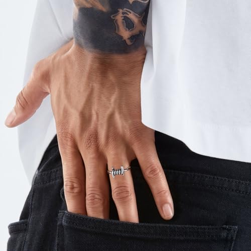 HZMAN Silver Stainless Steel Barbed Wire Wrap Ring for Men Women, Hypoallergenic Non-Tarnish Adjustable Industrial Punk Ring for Daily Wear & Gift Size 7-12