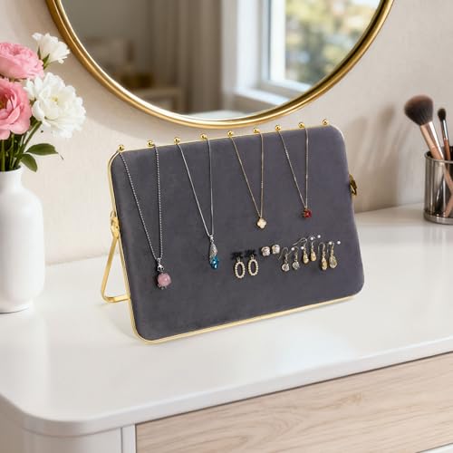 Mornajina 14 x 10 inches Velvet Necklace Display Stands for Selling, Large Metal Necklace Organizer Holder Stand Chain Jewelry Display Stand (Beige & Grey, 1 Pack) - color: Beige & Grey