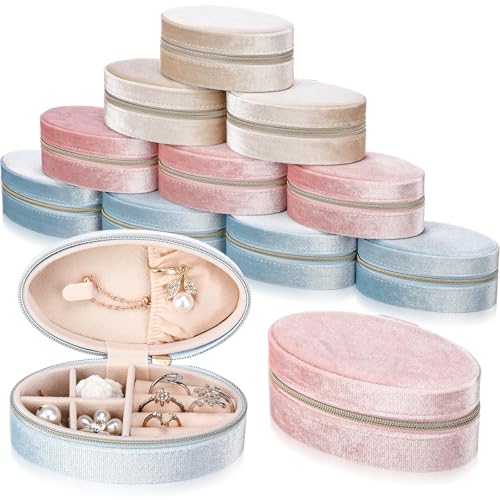 Kenning 12 Pcs Small Velvet Travel Jewelry Box Mini Jewelry Case Portable Organizer Pouch Bridesmaid Proposal Gift for Women (Oval) - style: Oval
