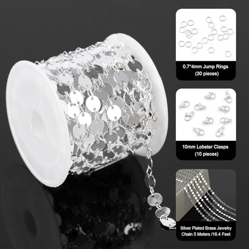 YOUBEIYEE 16.4 Feet Silver Sequin Chains for Jewelry Making Silver Plated Brass Jewelry Chain Roll with Jump Rings and Lobster Clasps - color: Sequin