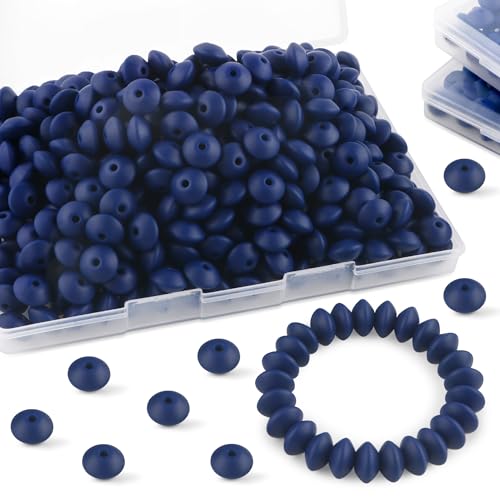 Sunrony 200Pcs Silicone Lentil Beads for Keychain Making, Bulk 12mm Silicone Abacus Spacer Beads for Necklace Bracelet Making Pens(Navy Blue) - color: D-Navy blue