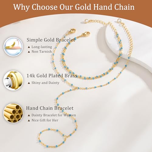 CHESKY 14K Gold Plated Hand Chain Bracelets for Women Set - Dainty Finger Ring Bracelet Stack Adjustable Hand Chains Durable Beaded Bracelets Trendy Simple Body Jewelry Gift for Women - style: 3color bracelet-gd