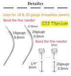 QWALIT Piercing Taper Threadless Insertion Tool - Titanium Labret Pin 16g, 18g, 20g - color: C1 - Titanium Curved 20g/18g