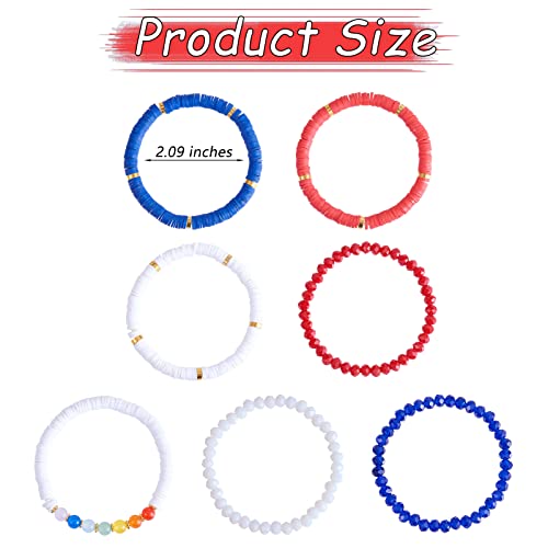 Ornaland 7Pcs Handmade Polymer Clay Heishi Surfer Stretch Bracelets Set Colorful Glass Beads Bracelets Boho Stackable Preppy Bracelets Wrist Jewelry for Women - color: blue 1