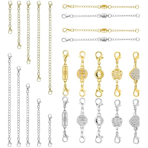 Magnetic Necklace Clasp & Extender Chain Set, 5 Styles Strong Magnetic Necklace Clasp and Closures for Jewelry Connector, Gold & Silver (24pcs) - color: 24pcs