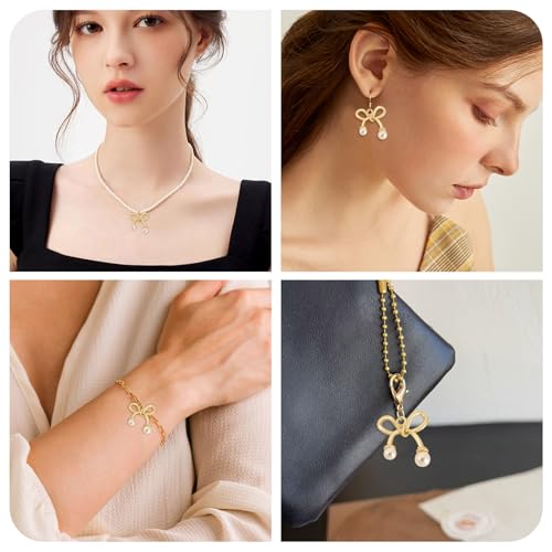 FASHEWELRY Golden Bow Connector Charms Bulk, Christmas Bowknot Link Charms, Infinity Links Geometric Hollow Bezel Pendants for Earring Bracelet Necklace Keychains Jewelry Making - color: Light Gold-Bowknot with Pearl