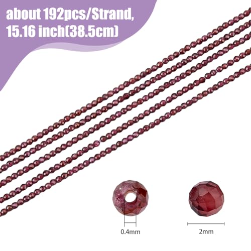 960pcs 5 Strands Pomegranate Red Natural Garnet Bead Strands 2mm Mini Round Faceted Garnet Beads Smooth Red Quartz Stone Loose Spacer Beads for Jewelry Craft Making Hole: 0.4mm