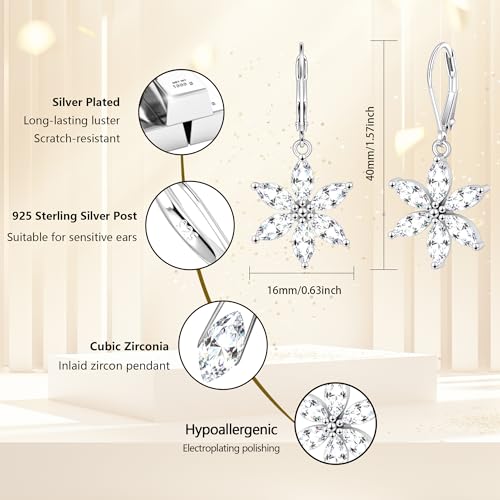 925 Sterling Silver Flower Dangle Earrings for Women, Daisy Flower Dangling Leverback Earrings, Cubic Zirconia Dangly Earring 14k Gold Plated Hypoallergenic CZ Floral Drop Earing for Women Trendy Jewelry Gifts - color: Silver