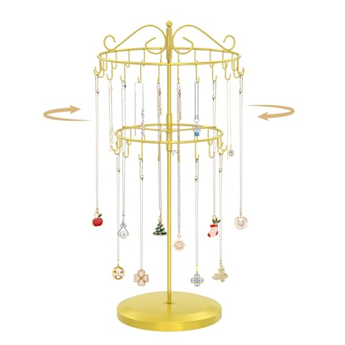 MODOWEY Rotating Necklace Holder Organizer Display Stand with 42 Hooks, 2 Tier Adjustable Metal Tree for Long Necklace Hanger Selling, Tall Spinning Bracelet Storage Rack for Men Women, Gold - color: Gold, size: 2 Tier