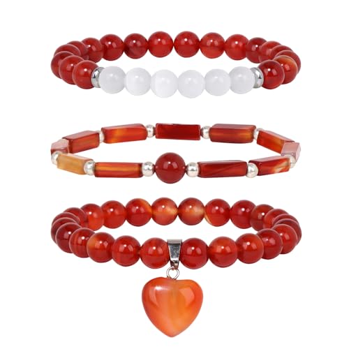 Vinswet Healing Crystal Beaded Bracelets for Women,Natural Amethyst Gemstones Bracelet,Anxiety Stress Relief Heart Charm Bracelet Handmade purple Jewelry Gifts for Women - color: Red agate&Moonstone