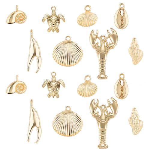SUNNYCLUE 1 Box 54g Real 14K Gold Plated Charms Bulk Gold Summer Ocean Charm 16Pcs Sea Theme Marine Life Charms Starfish Shell Charm Pendant for DIY Christmas Earring Bracelet Jewelry Making Supplies - color: 14K Gold Plated Charms