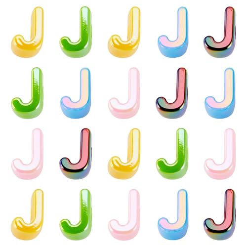 Beadthoven 20pcs Big Letter J Beads Large Hole Bubble Alphabet Acrylic Beads Charm Iridescent Plastic J Shape Loose Chunky Spacers for Jewelry Making Bracelet Necklace Keychains Shoelaces Crafts - color: J