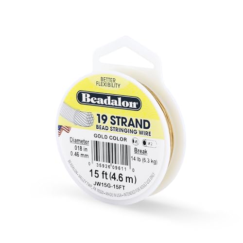 Beadalon 19 Strand Stainless Steel Bead Stringing Wire, .018 in / 0.46 mm, Gold, 15 ft / 4.6 m - color: Gold, style: .018 in / 0.46 mm