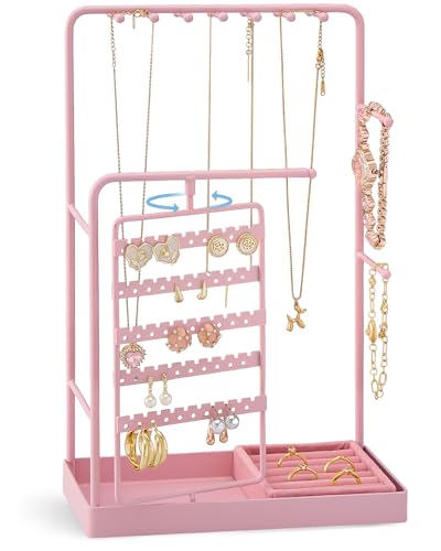 ProCase Jewelry Stand Holder Organizer, Jewelry Display Storage with Ring Tray, Rotating Earring Bracelet Necklace Holder, Valentine's Gifts Room Dorm Decor for Teen Girls -Pink (No-Assembly) - color: Pink
