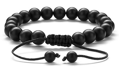 Hamoery Men Women 8mm Tiger Eye Stone Beads Bracelet Elastic Natural Stone Yoga Bracelet Bangle - color: Black Matte Agate-21018