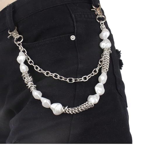 Layered Punk Pants Chain for Men Women, Gothic Hip Hop Jean Chain Wallet Chain Biker Trouser Chain, Goth Emo Fashion Keychain Accessories - color: 2L-10 Pearls